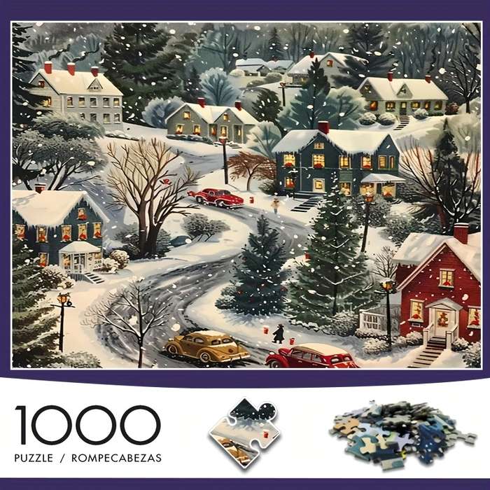 1000pcs Adult Puzzle Winter Village Snow Scene with Vintage Cars Festive Lights