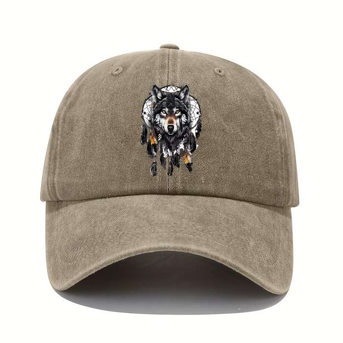 1pc Vintage Washed Cotton Baseball Cap with Wolf Totem Print Adjustable Sun Protection Hat for Al
