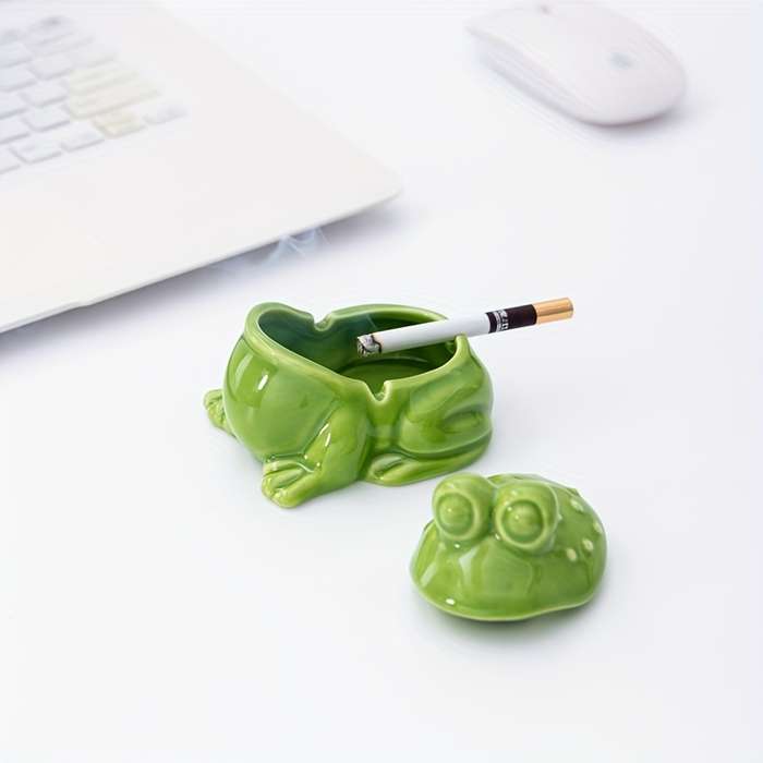 1pc Whimsical Frog Design Ceramic Ashtray with Lid Retro Green Glossy Finish Compact Functiona