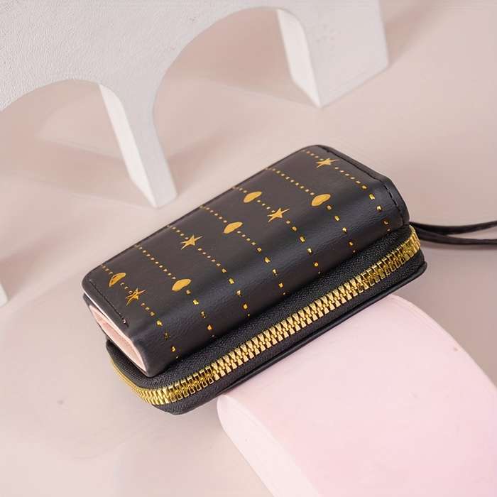 1pc 2025 Newest Women'S Fashionable Short Wallet Black with Golden Star and Heart Design Slim Mu
