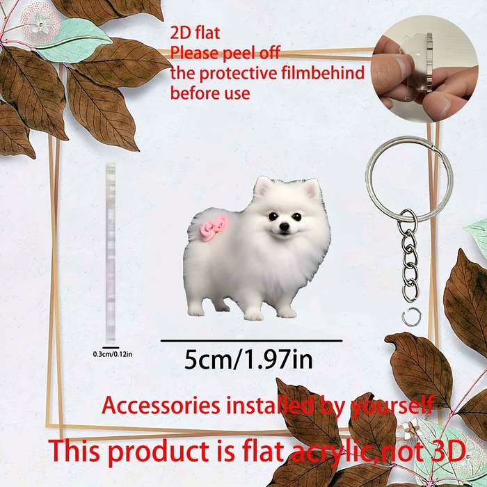 1pc 2D Flat   Acrylic White Dog Keychain Car Mirror Charm Cute Pomeranian Design with Pi