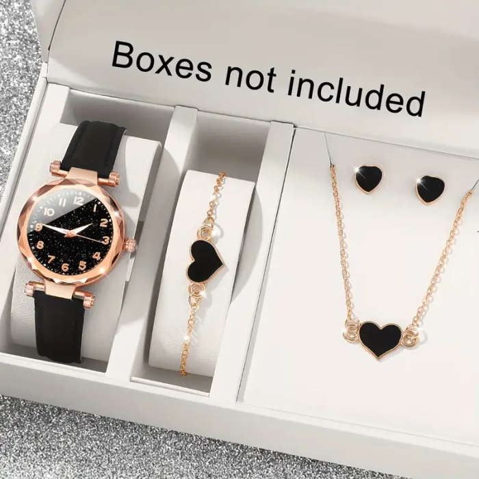 Lovely 5-Piece Women's Watch And Heart Jewelry Set