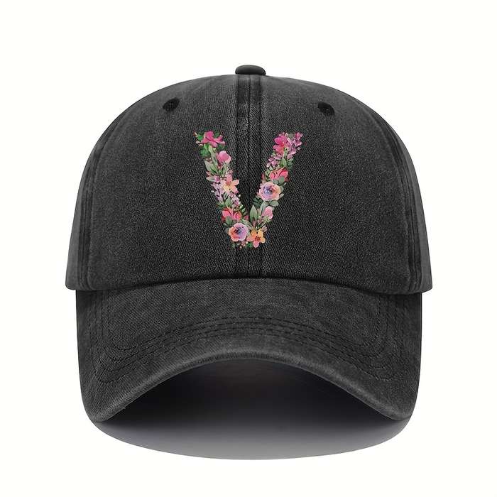 1pc Floral Letter V Print Baseball Cap Vintage Washed Cotton Hat Adjustable Sun Protection Cap wi