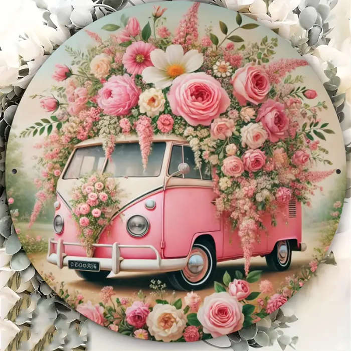 1pc Vintage Pink Van with Floral WreathAIron Wall Art Sign 1 Piece Durable and Easy to Hang Ideal fo