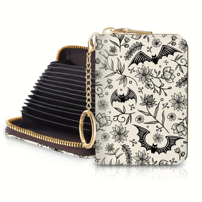 1pc Gothic Bat Zipper Wallet for Women Compact RFID Blocking Card Holder with Keychain Floral