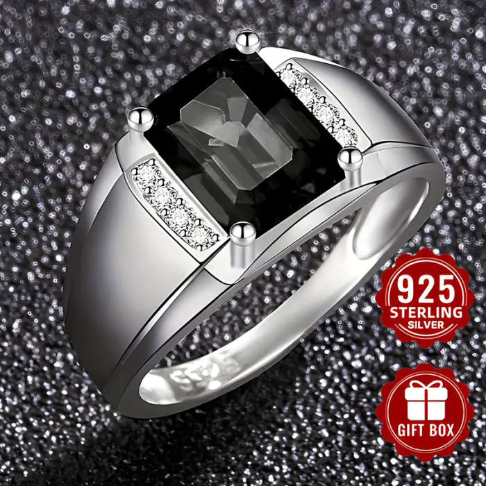 925 Sterling Silver Ring with Square-Cut Black Synthetic Zirconia