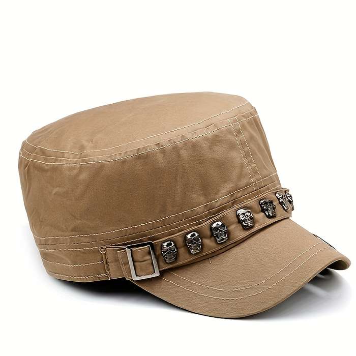 1pc Vintage Skull Rivet Flat Top Hat Lightweight Stretchable Cotton Sun Cap for Independence Day