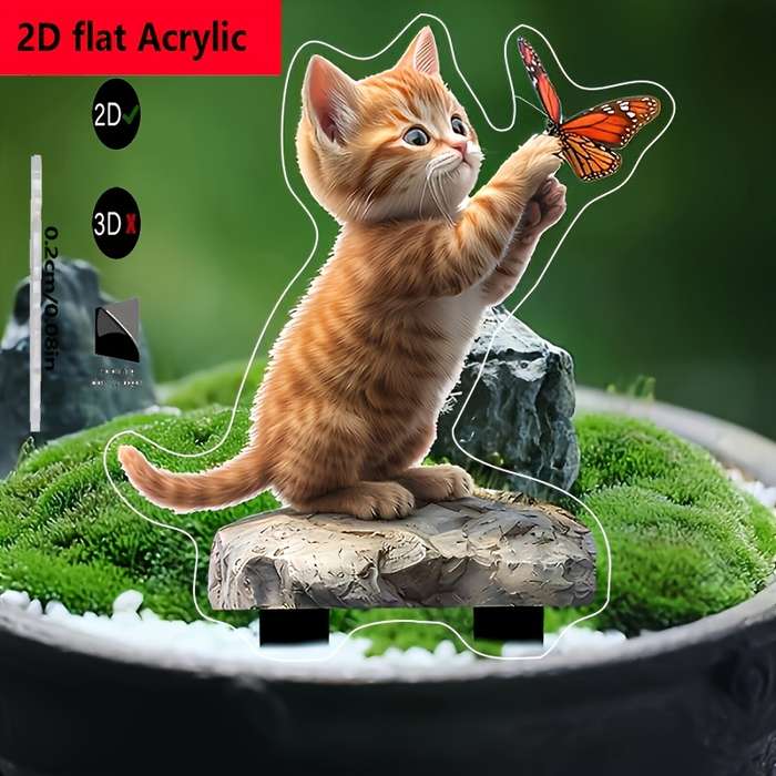 1pc 2D Flat  One Piece WhimsyGarden Acrylic Kitten and Butterfly Garden Stake Plug Waterproof