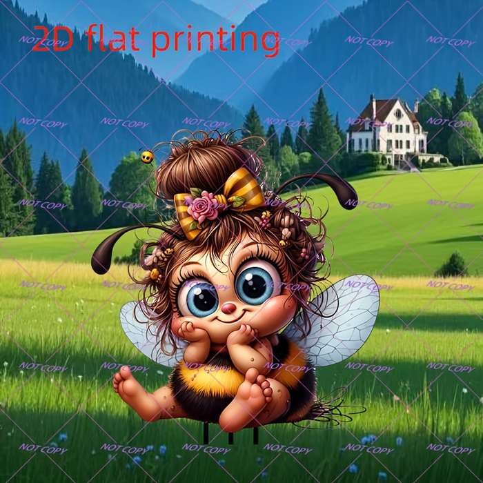 1pc 2D Flat  Whimsical  Printed Bee Garden Stake Adorable Cartoon-Style Bee with Flower Cr