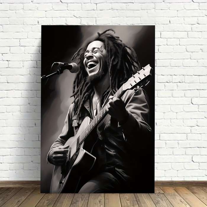 1pc 2D Flat  Frameless Bob Marley Guitar Portrait Canvas Wall Art Monochrome Music Icon Poste