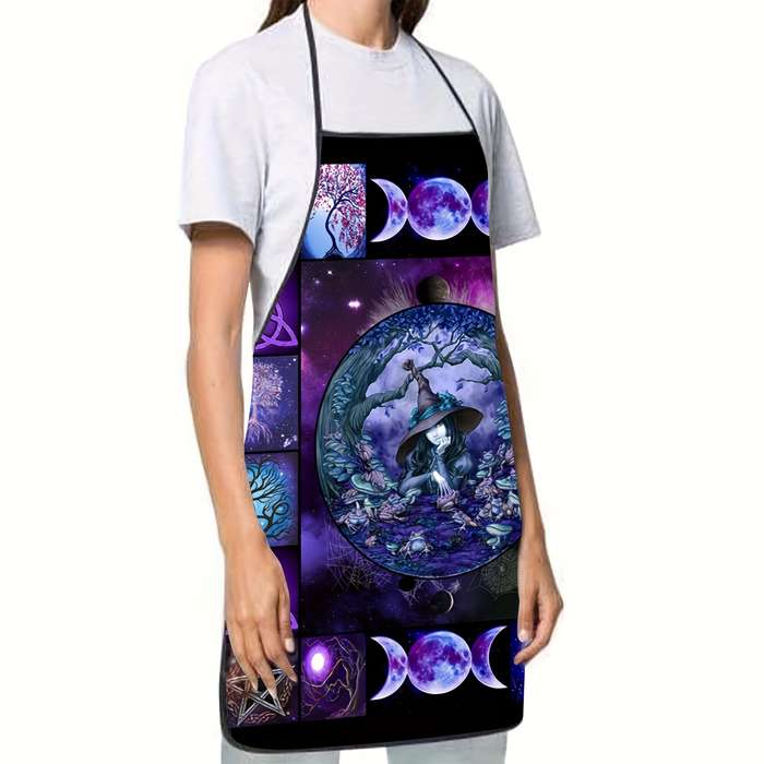 1pc Mystical Moon Phases Collage Printed Sleeveless Polyester Apron Vibrant Purple Black Blue