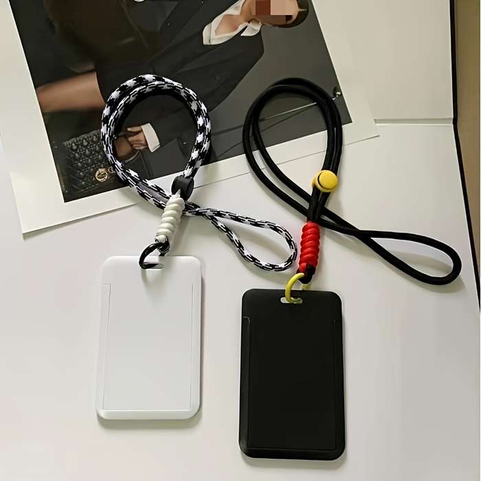 1pc Stylish Neck Lanyard Card Holder Durable Plastic Casual Design with Checkered Pattern Strap