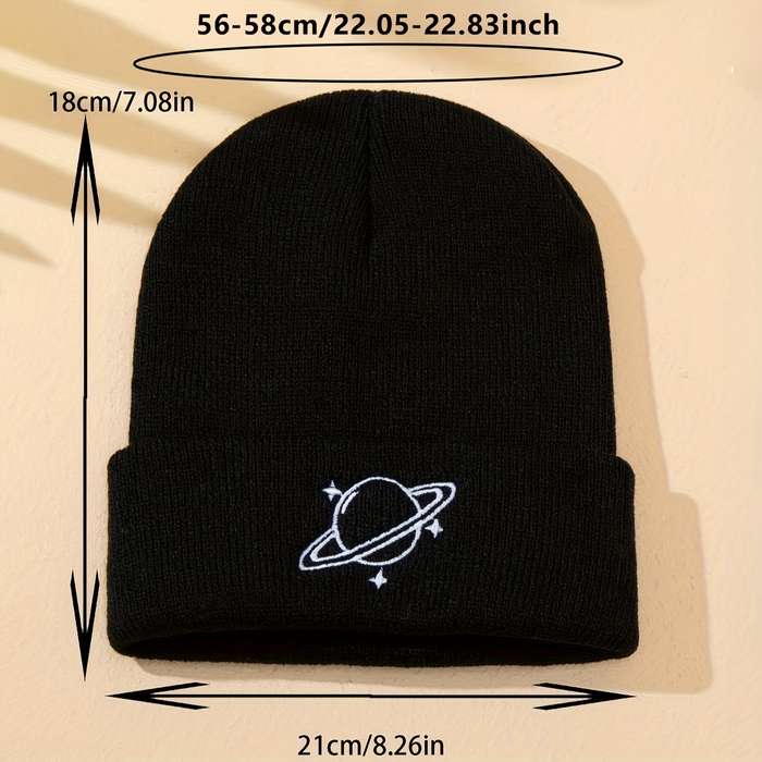 1pc Men's Planet Three Stars Embroidered Knitted Hat without Brim Suitable for Autumn and Winte