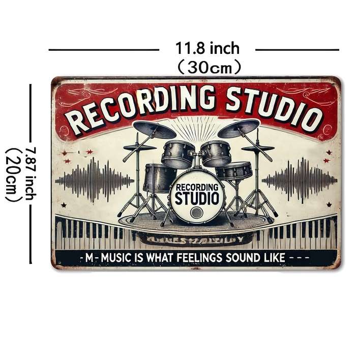 1pc  Vintage Recording Studio Metal Wall Sign 20.32x30.48 cm Retro Drum Set Microphone De