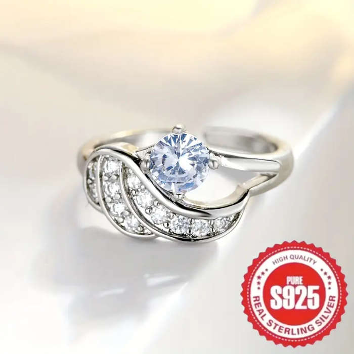 Wing shaped 925 Silver Inlaid Synthetic Zirconia Ring with adjustable size