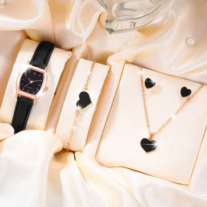 Ladies Watch 5pcs/Set Women Brown PU Strap Casual Quartz Watch And Heart Necklace Earings Bracelet J