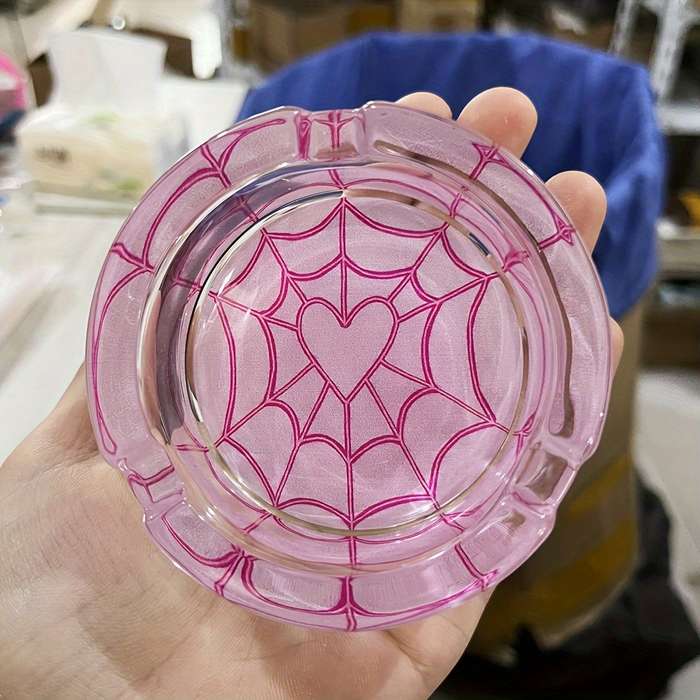1pc Pink Spider Web Pattern Glass Ashtray 8.5CM Sweet Cute Pink Round Ashtray Creative Luxury O