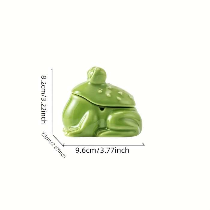 1pc Whimsical Frog Design Ceramic Ashtray with Lid Retro Green Glossy Finish Compact Functiona