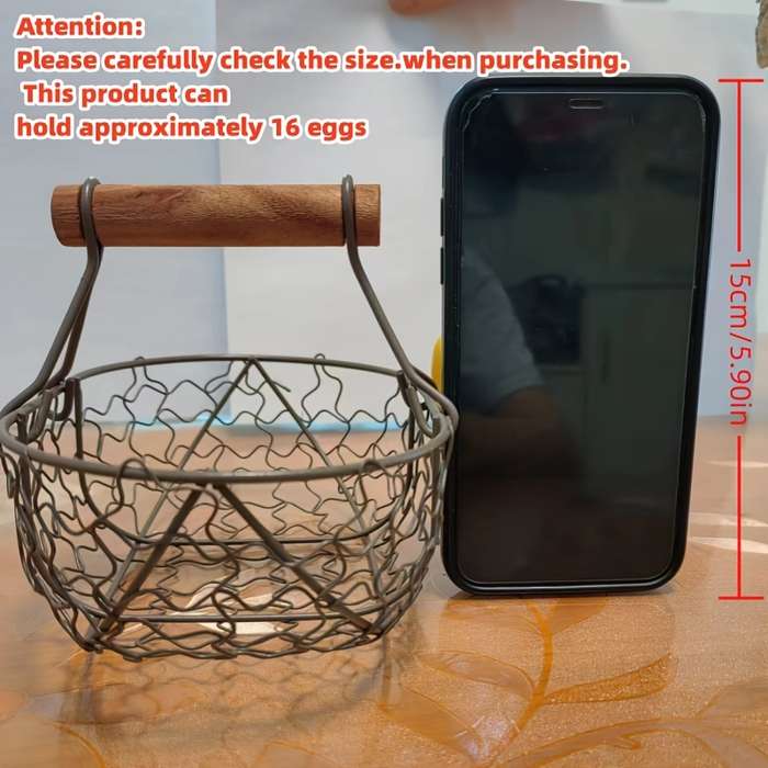 1pc Rustic Farmhouse Style Egg Basket Durable Iron Wood Wire Storage for Eggs Bread Fruit an