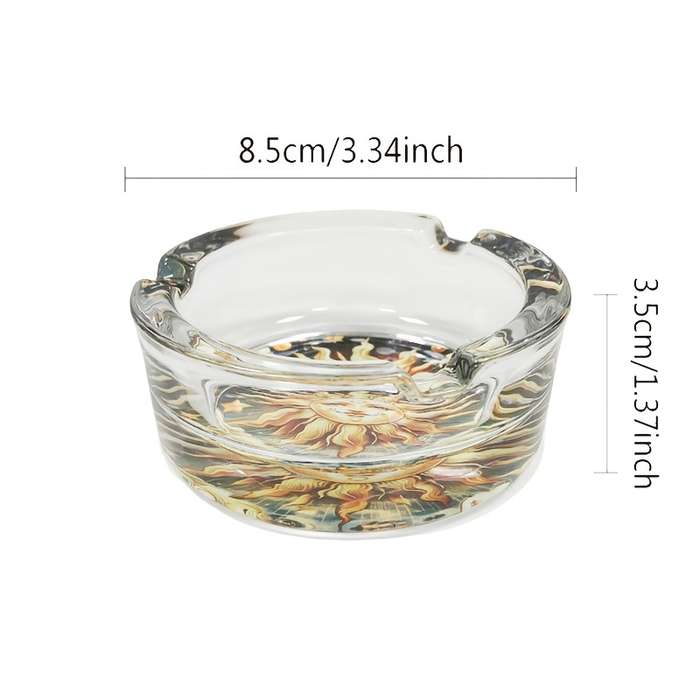 1pc Elegant Sun Moon Design Glass Ashtray Round Stained Glass Artwork with Golden Sun Tranqu