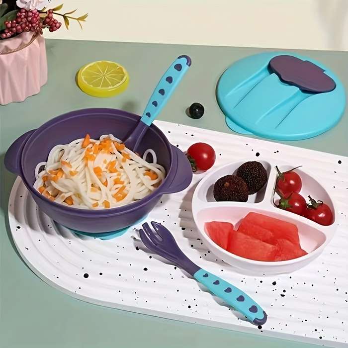 6pcs Baby Feeding Set BPA-Free Plastic Silicone Non-Slip Suction 3-Compartment Plate Ute