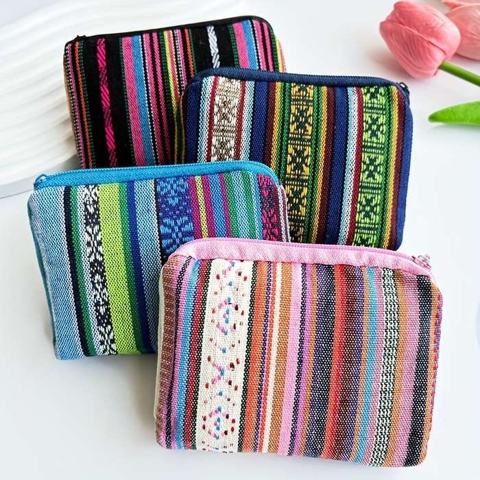 1pc Boho-Chic Retro Striped Canvas Zipper Wallet Lightweight Clutch with Coin Pocket Multifuncti