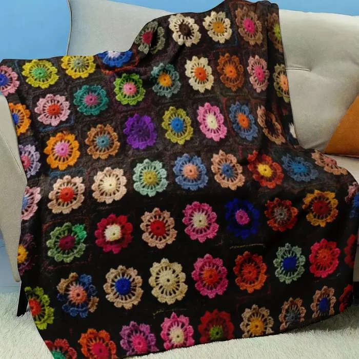 1 Handmade Vintage Crochet Flower Afghan Blanket 130*150CM