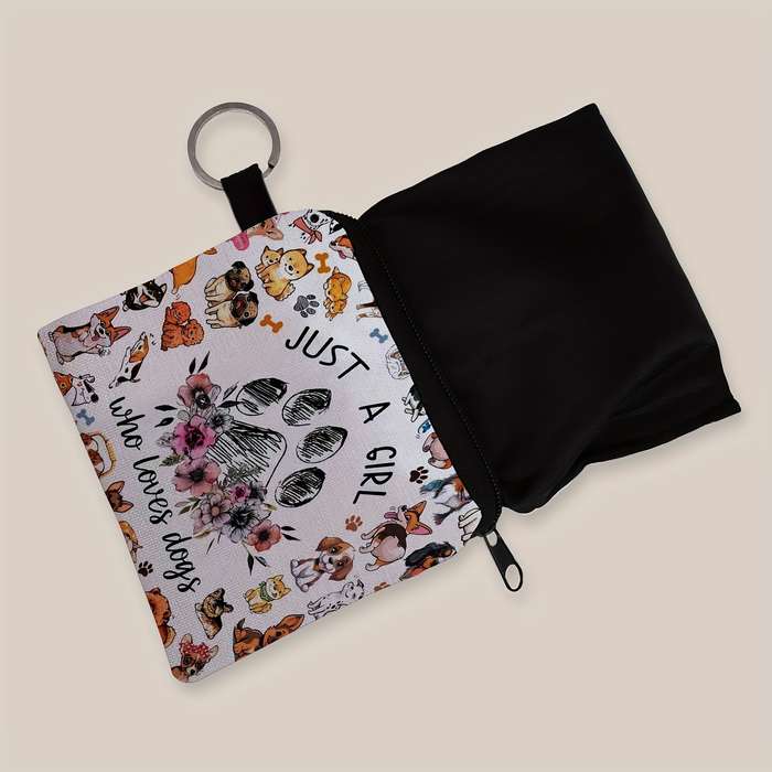 1pc SWEET Cute Dog Print Purse Lightweight Zipper Pouch with Keychain Small Capacity Multifu