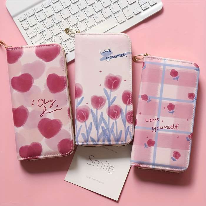 1pc Women'S Casual Floral Zipper Wallet with Multiple Card Slots Large Capacity Coin Pouch with "