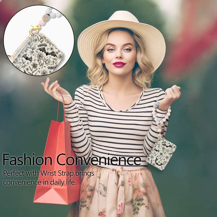 1pc Gothic Bat Zipper Wallet for Women Compact RFID Blocking Card Holder with Keychain Floral