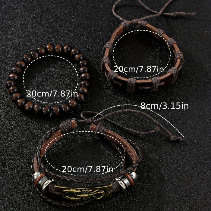 4pcs Men's Elegant Quartz Watch Bracelet Set Fashionable Brown with Golden Accent Calendar Feature