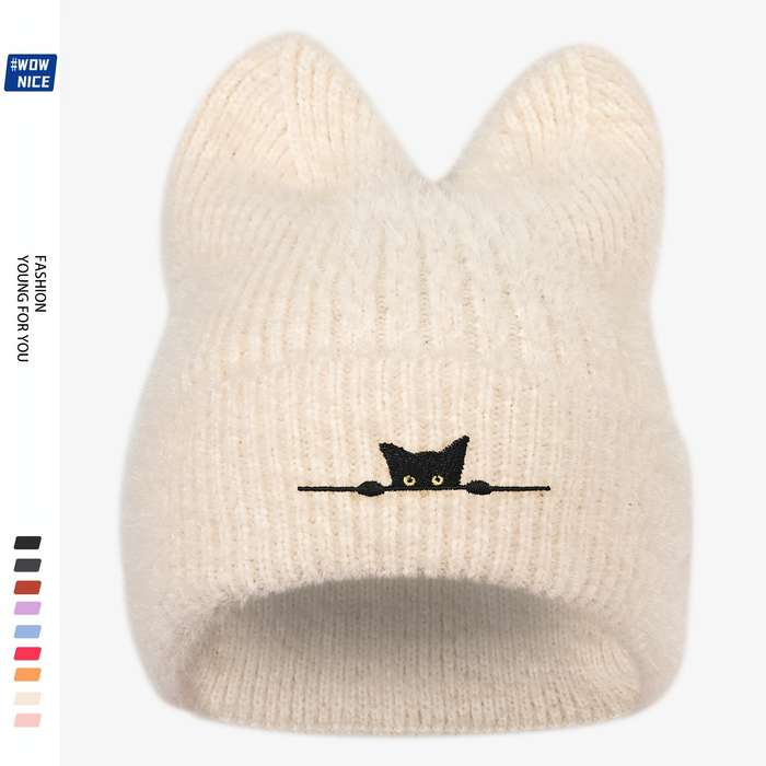 1pc Cozy Black Cat Embroidered Knit Beanie Thick Plush Winter Hat with Ear Covers Breathable St