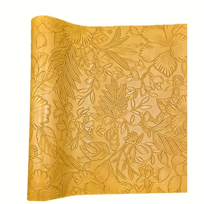 1 11.75 x 53.5 inch Leaf and Flower Embossed Faux Leather Fabric Roll Yellow