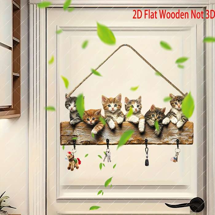 2D Flat Charming 2D Flat Wooden Key Hanger with Adorable Kitten Design"Together We Create Happi