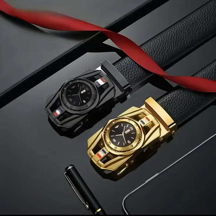 Elegant Men's Black Imitation Leather Belt With Gold Automatic Buckle