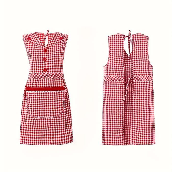 1pc Stylish Gingham Apron with Collar Red White or Black White Plaid Pattern Adjustable