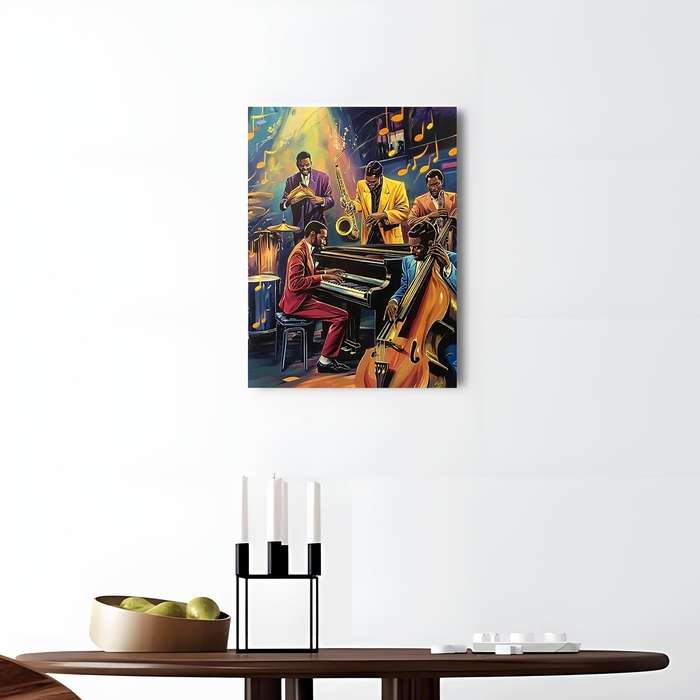 1pc  Jazz Band Poster with Wooden Frame 29.97x39.88 cm Vibrant Musicians Playing Saxophone T