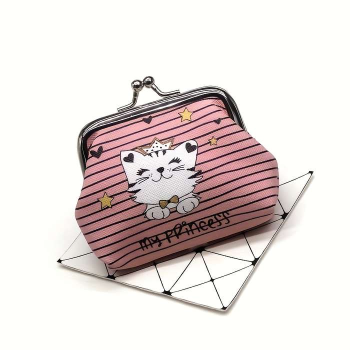 1pc Cute Cat Print Coin Purse Compact Cartoon Wallet for Women PU Material Hand Wash or Dry