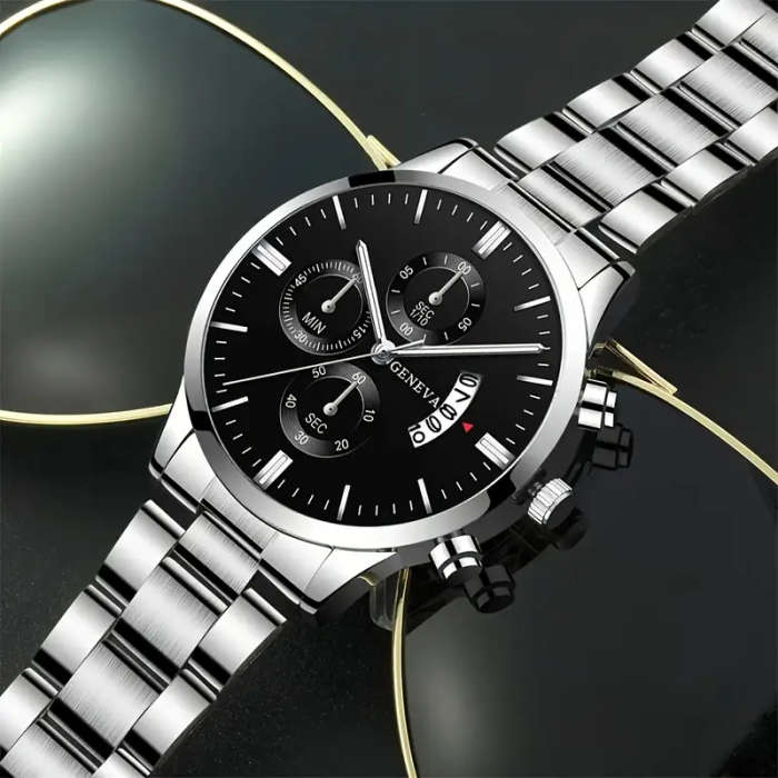 2pcs Watch Set: Stylish Alloy Round Case with Calendar