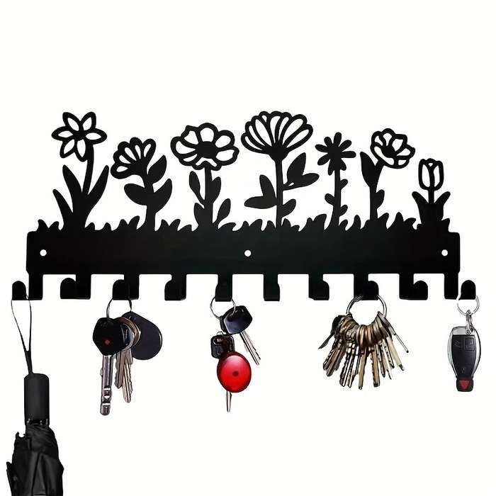 A Floral Design Wall-Mounted Metal Key Hook with 10 HooksMeasuring 24.89 X 9.91 cmSuitable for