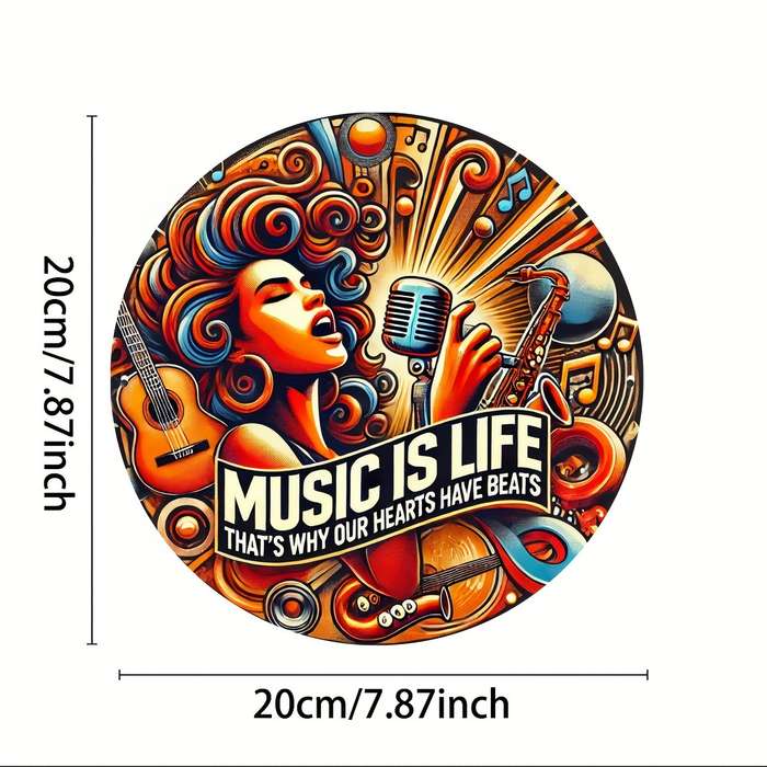 1pc  Vintage Music Is Life Round Aluminum Wall Art Sign 20.32x20.32cm Durable Easy-to-Hang