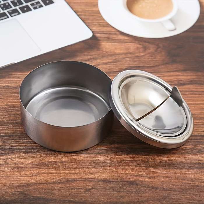 1pc Stainless Steel Windproof Ashtray with Lid Portable Round Design for Home and Outdoor Use