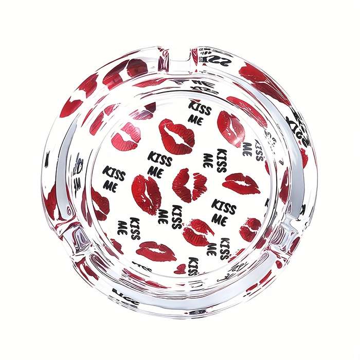 1pc 8.48 cm Round Glass Ashtray with Sexy Red Lips Design C KISS ME Pattern Clear Smoking Access
