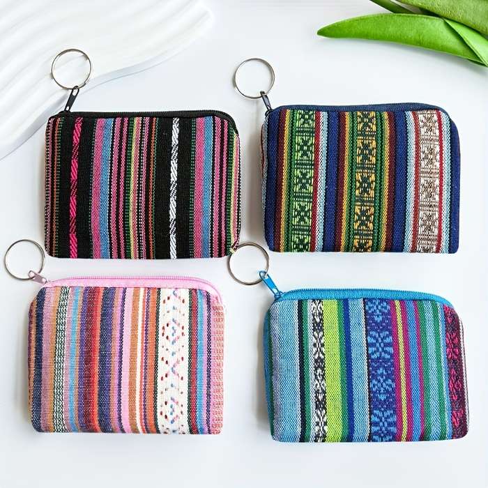 1pc Boho-Chic Retro Striped Canvas Zipper Wallet Lightweight Clutch with Coin Pocket Multifuncti
