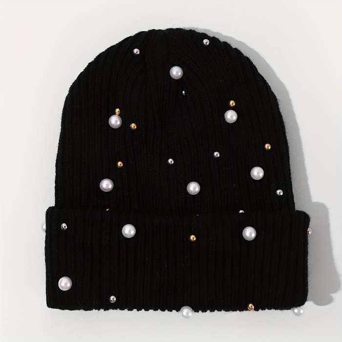 1pc of Women'S Fashion Pearl Decorated Knitted Hat Without Brim Suitable for Autumn And Winter