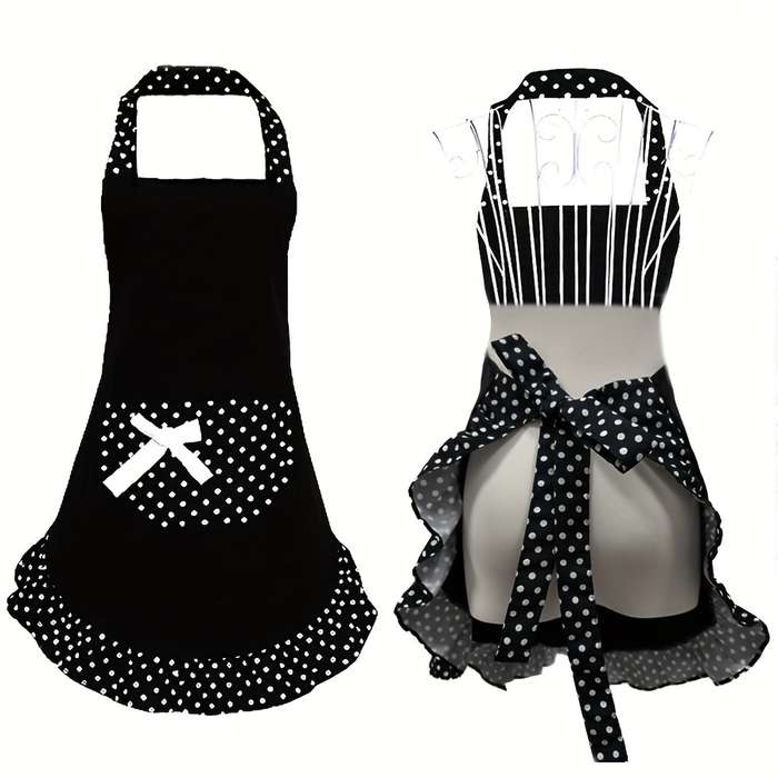 1pc Retro Polka Dot Apron with Ruffle Hem Large Pockets Black and White Vintage Kitchen Ba