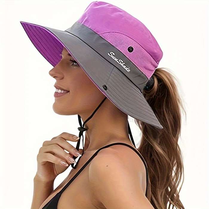 1pc Womens Ponytail Sun Hat Protection Bucket Hats Foldable Wide Brim Summer Boonie Beach Cap Fishi