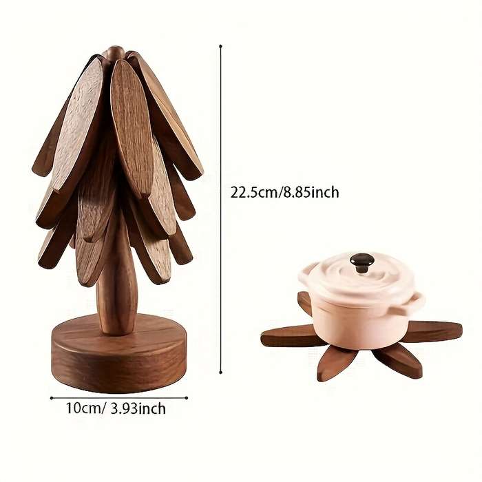 Wooden Tree-Shaped Pot Mat Set Includes 3 Removable Coasters and Base Creative Non-Slip Heat-