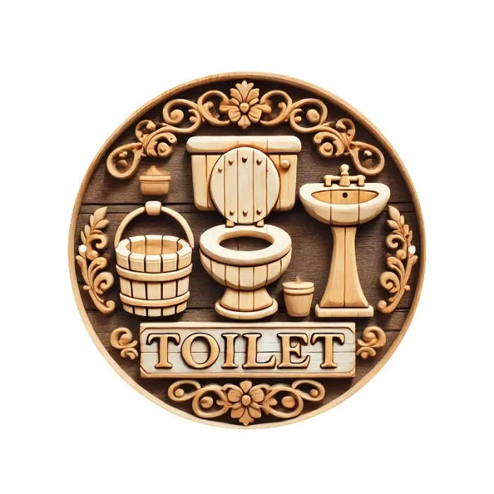 1pc Rustic Wooden Toilet Sign, 20.32x20.32 cm Round Wall Decor Bathroom Wall Art Wooden Wall Hanging