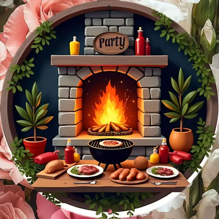 1pc 20.32x20.32cm Round Aluminum Sign Rustic BBQ Party Scene Wall Decor with Stone Fireplace Grill a